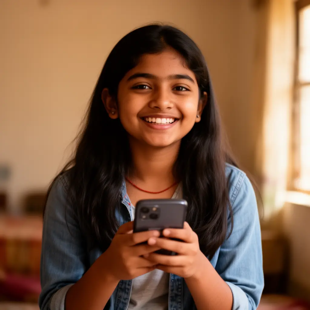 XX333 App – Enjoy smooth and entertaining mobile gaming anytime in Bangladesh Happy Bangladeshi woman enjoying mobile gaming on the XX333 app with a relaxed indoor atmosphere and soft natural light