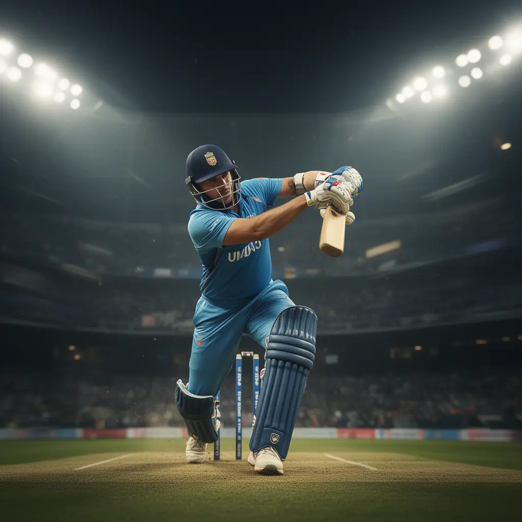 XX333 Bet – Place smart cricket bets and enjoy every match moment in Bangladesh Dynamic cricket scene with a batsman in white gear playing an aggressive shot under stadium lights capturing the thrill of cricket betting on XX333 in Bangladesh