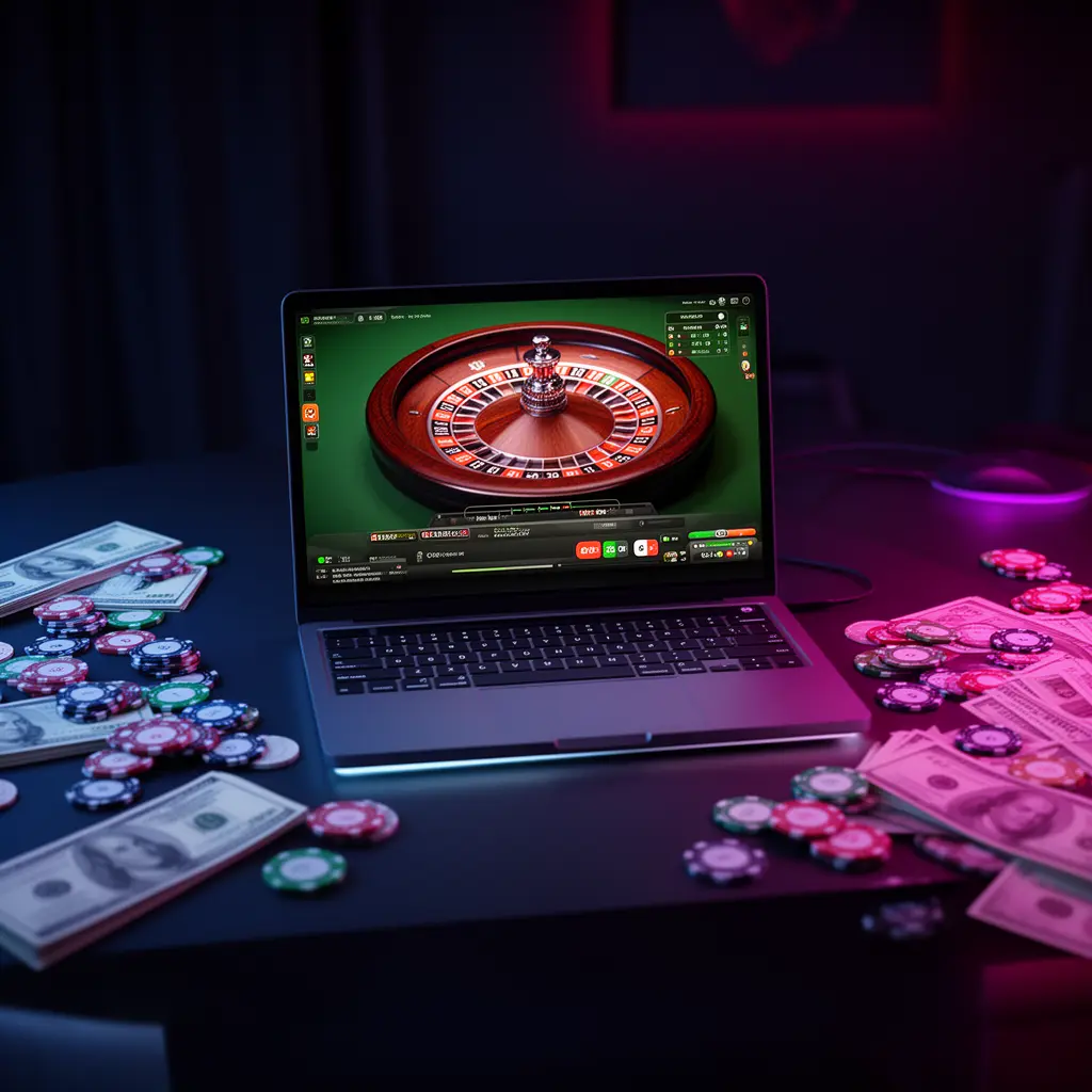 XX333 – Dive into immersive online roulette action for Bangladeshi players Modern online roulette gameplay on a laptop surrounded by stacked casino chips and neon lighting showcasing the immersive XX333 casino platform for players in Bangladesh
